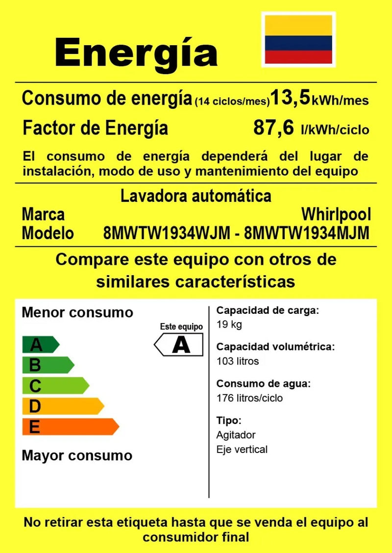 Lavadora automática Whirlpool hasta 19kg color blanco