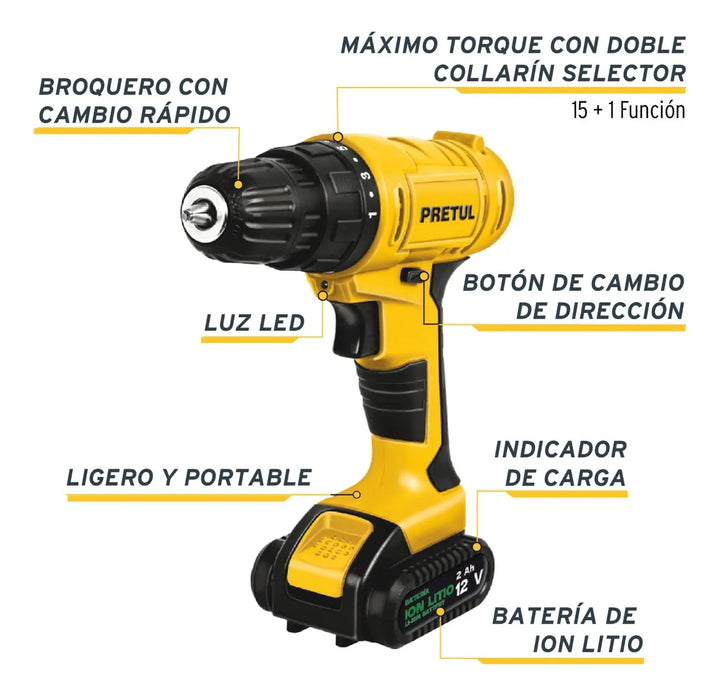 Taladro Inalambrico Y Destornillador 12v 3/8 Pretul 29975 Amarillo 60 Hz