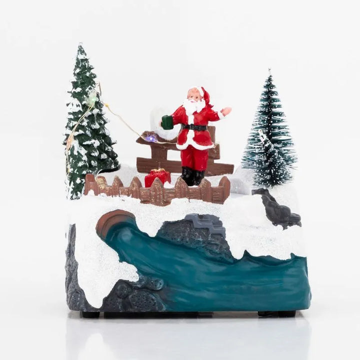 Villa Navideña De 13 X 12 Cm Santa Y Arboles Con Luz Led