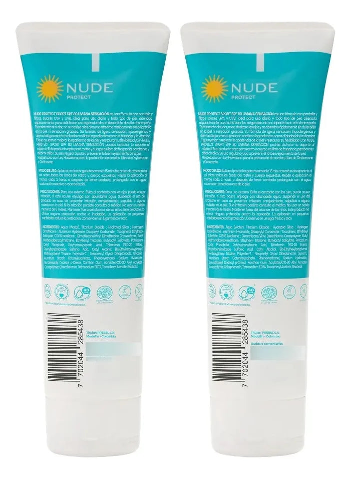 Protector Solar Nude Sport Spf 80 X 2 Unidades (120 Ml C/u)