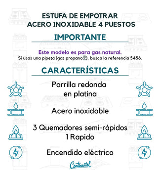 Estufa Empotrar Acero Inoxidable 61*51 Cm Gas Natural 5463 Gris