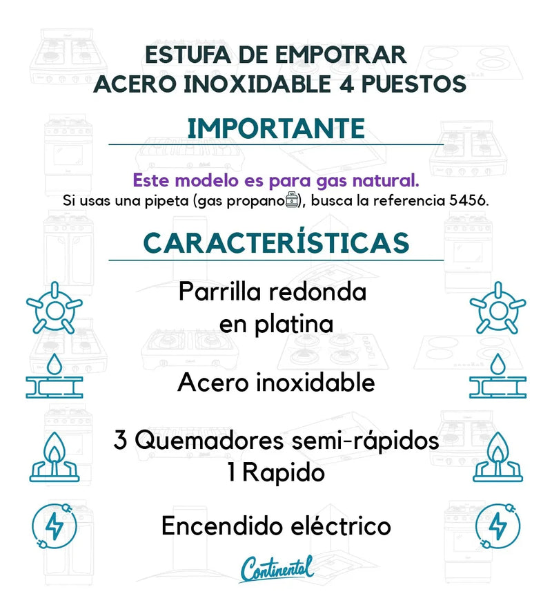 Estufa Empotrar Acero Inoxidable 61*51 Cm Gas Natural 5463 Gris