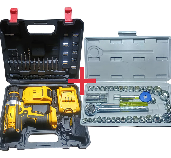 Taladro Atornillador Percutor Inalámbrico + Juego De Rache Amarillo