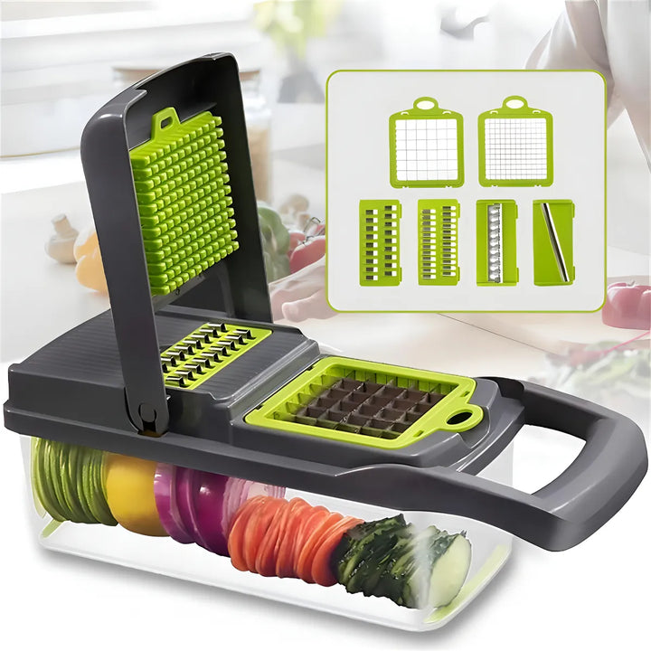 Cortador y rallador de verduras GIB Cleaningtool con mandolina, 12 en 1, con cuchillas, cesta y recipiente intercambiables