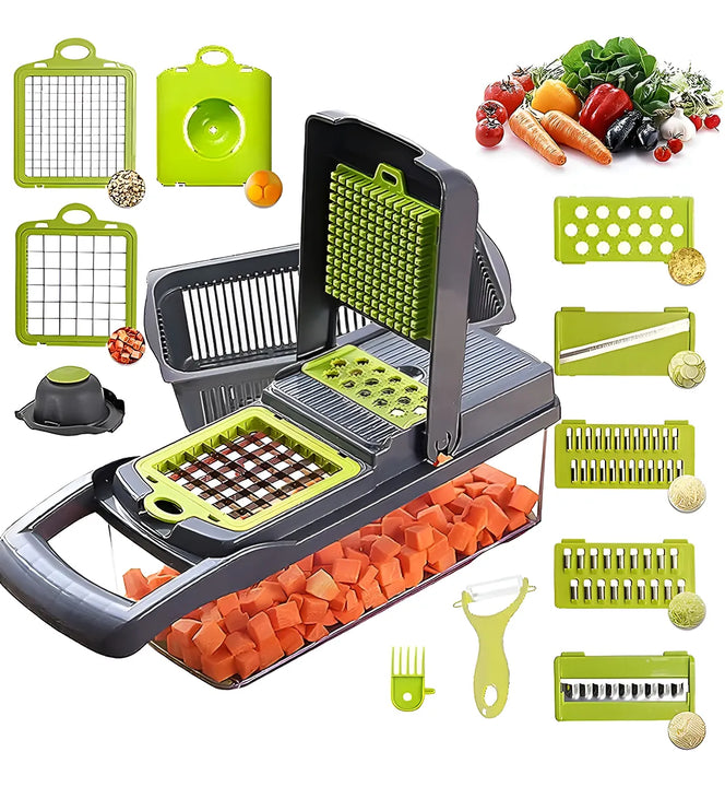 Cortador y rallador de verduras GIB Cleaningtool con mandolina, 12 en 1, con cuchillas, cesta y recipiente intercambiables