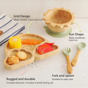 Set De Platos De Bambú Antideslizante Y Silicona Para Bebés