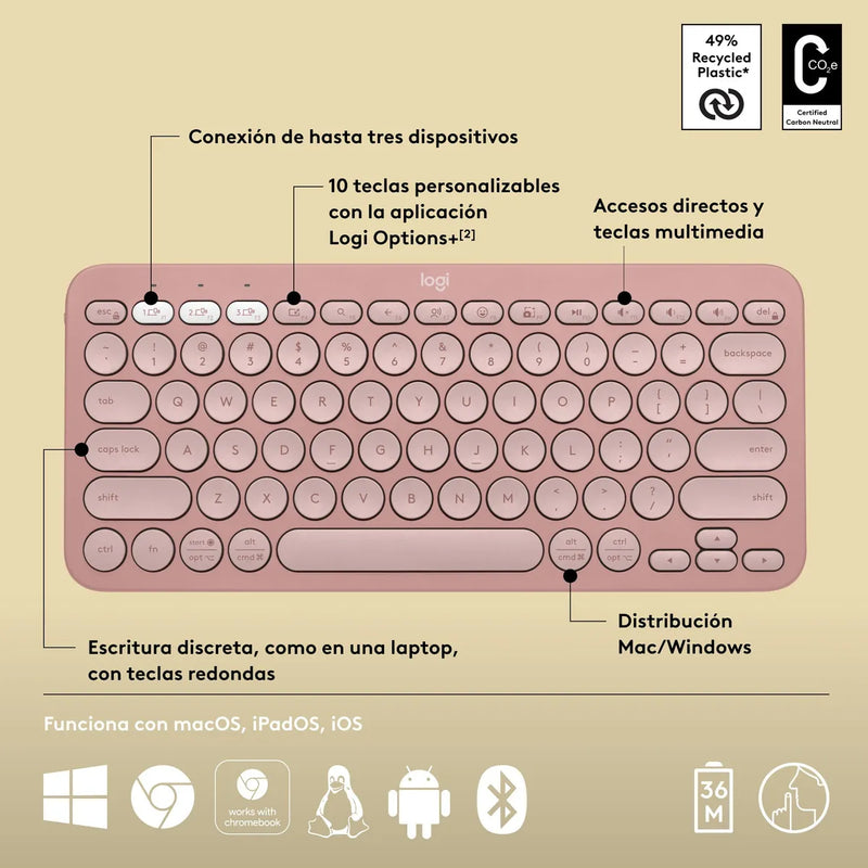 Logitech Combo Bluetooth: Teclado K380s + Mouse M196, Rosa