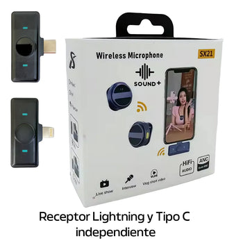 Microfono de Solapa Inalambrico Moneda con Cancelacion de Ruido 2 en 1 iPhone Android Tipo C Lavalier RunBike Lark Sx21 con Antipop Negro