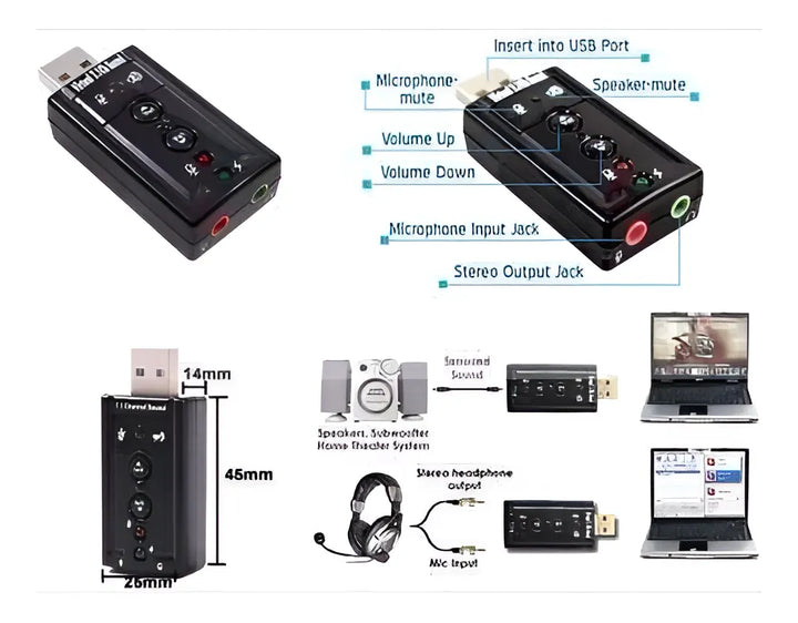 Tarjeta De Sonido Usb 7.1 Con Control De Volumen En Empaque Color Negro