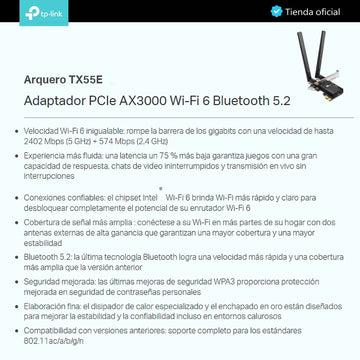 Tp-link, Tarjeta Pcie Wifi 6 Ax3000 + Bt 5.2, Archer Tx55e