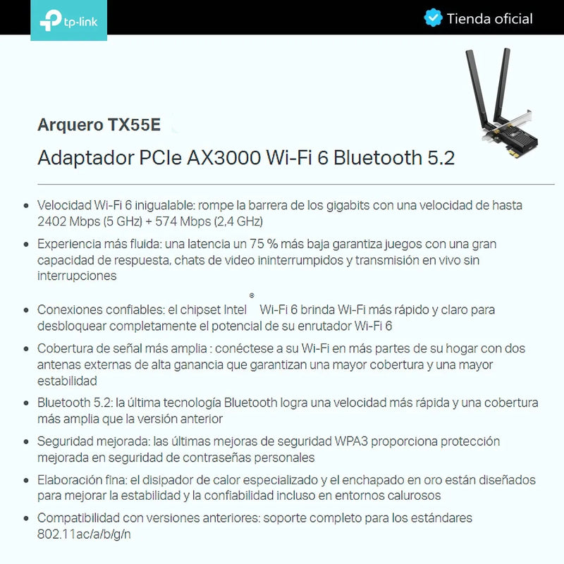 Tp-link, Tarjeta Pcie Wifi 6 Ax3000 + Bt 5.2, Archer Tx55e