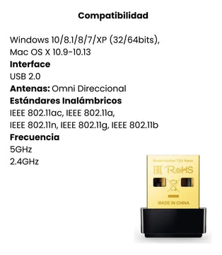 Adaptador De Red Tp-link Wifi Usb Banda Dual Archer T2u Nano Negro