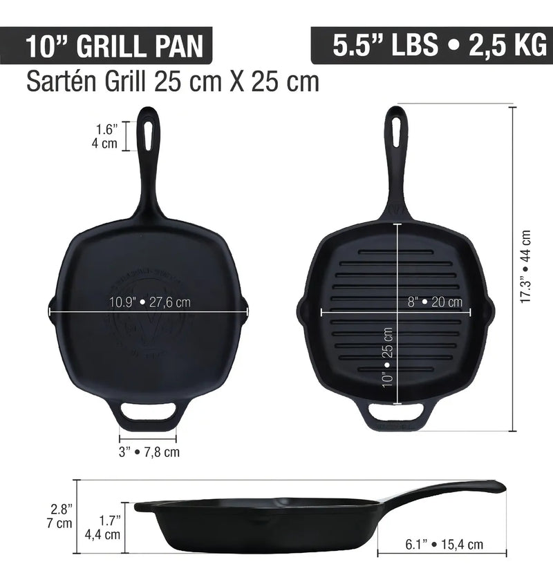 Sartén De Hierro Cuadrada Tipo Grill Con Mango 25x25cm Curado