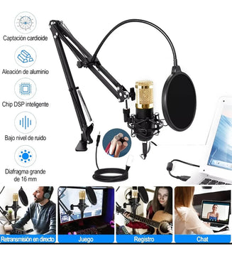 Micrófono Profesional Condensador+brazo+tarjeta Sonido V8 Dorado