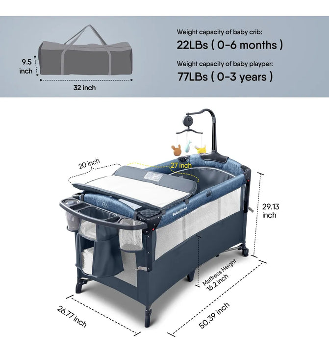 Cuna De Noche Portátil Con Sábana Cambiador Y Móvil De Músic