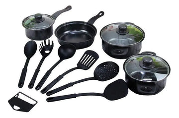 Set De Utensilios De Cocina Ollas Y Sartenes 13 Piezas Negro