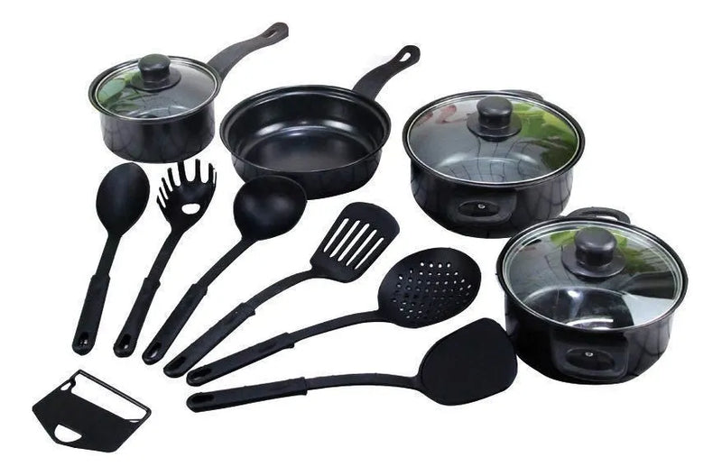 Set De Utensilios De Cocina Ollas Y Sartenes 13 Piezas Negro