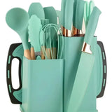 Set Utensilios Cocina Silicona + Set Cuchillos X19 Pcs Verde Turquesa