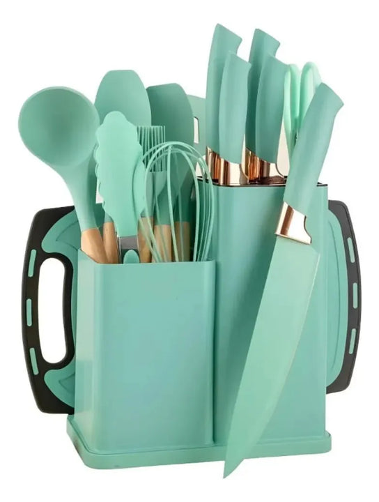 Set Utensilios Cocina Silicona + Set Cuchillos X19 Pcs Verde Turquesa