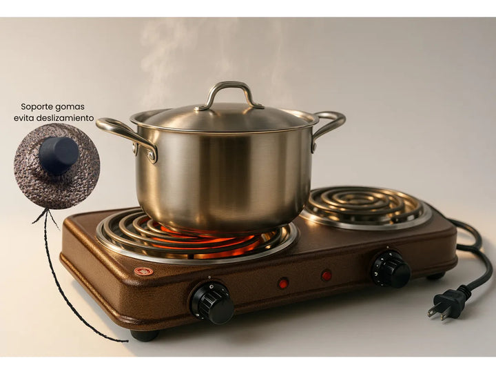 Fogon Estufa Electrica Portatil Gris Negro Cafe 2 Puestos Quemadores Potencia 2000w Cocina Compacta Resistente Hogar Oficina Viajes Camping Practica Rapida Segura Limpieza Sencilla