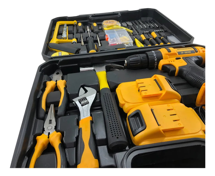 Taladro Percutor 36v Inalámbrico 2baterías + 92 Herramientas Amarillo