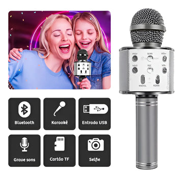 Micrófono de karaoke Bluetooth recargable inalámbrico plateado