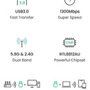 Adaptador Wifi USB 1300 Mbps inalámbrico de 5 GHz de doble banda Ugreen