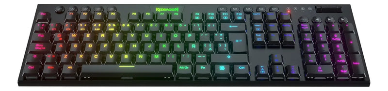 Teclado Redragon Horus QWERTY Redragon Low profile Linear Red español latinoamérica color negro con luz RGB