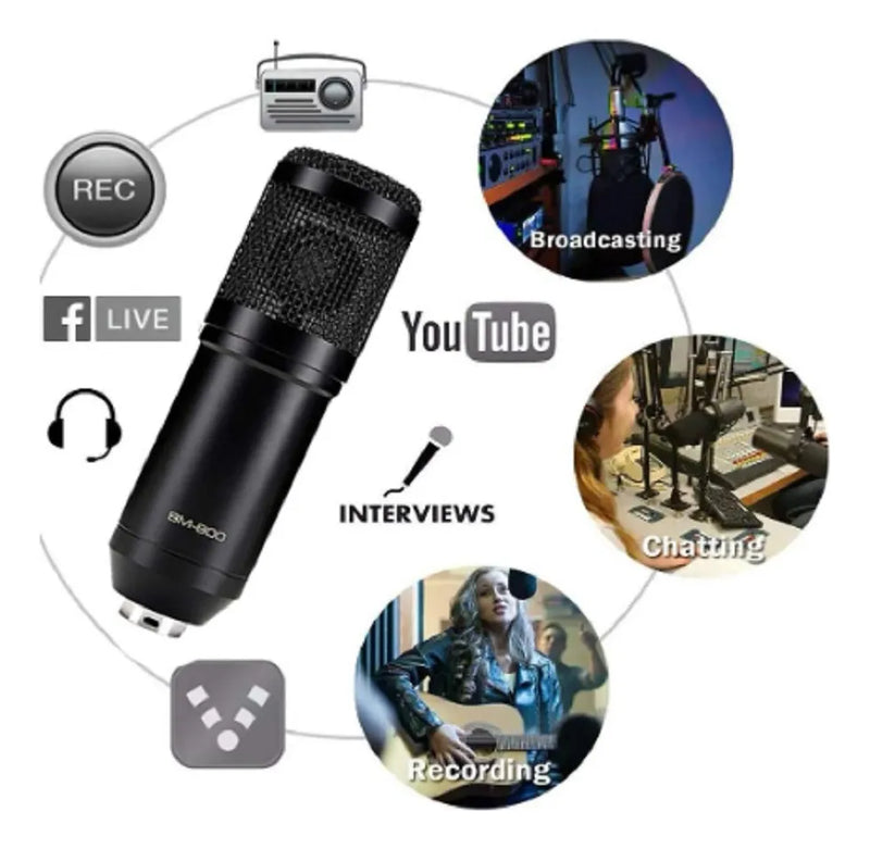 Kit Micrófono Condensador + Tarjeta Sonido + 9 Accesorios Negro