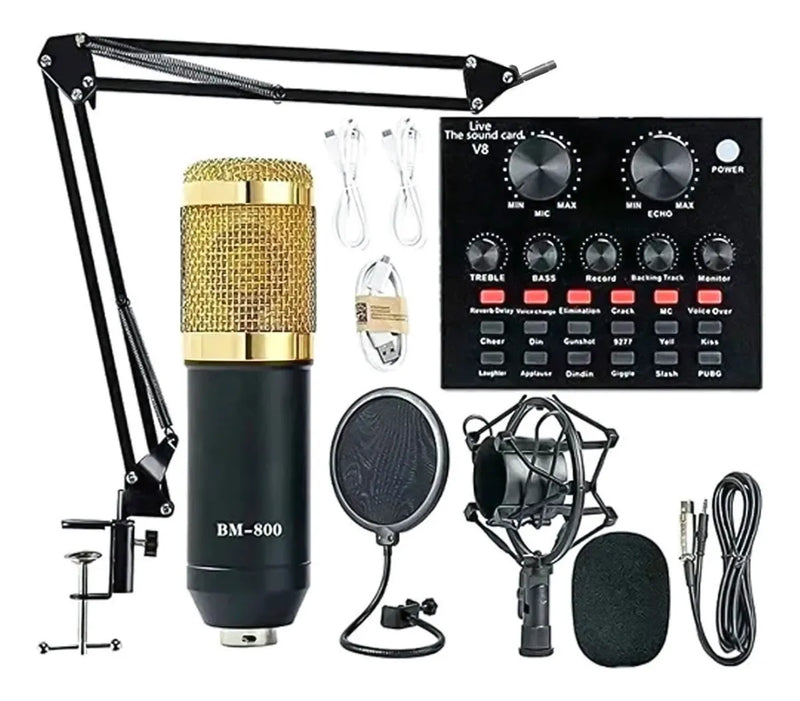 Micrófono Profesional Condensador+brazo+tarjeta Sonido V8 Dorado