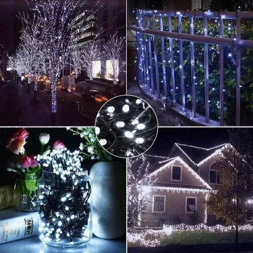 Luz Navideña Solar 100 Led 12mts Recargable Ip67 Blanca Blanco