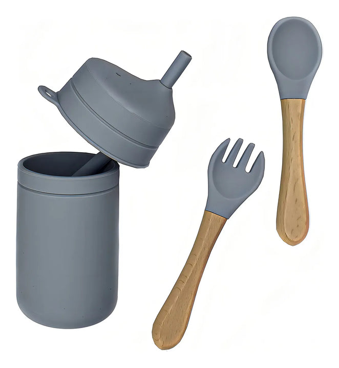 Set Babero De Silicon Para Bebés, Plato De Silicona Adherible Con Tapa, Vaso Con Popote, Cucharara Y Tenedor Sueves. Libre De Bpa Juego De Vaso, Plato, Babero Y Cubiertos Juego De Vaso