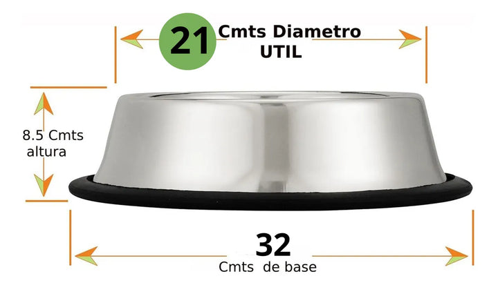 Comedero Plato Bebedero Perro Grande 21 Cmts Diametro, Acero Plateado