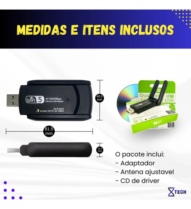 Adaptador Wifi Usb 5g Dual Band 1300mbps Com Antena