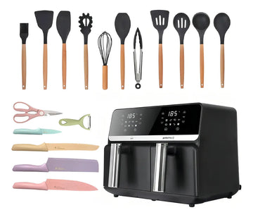 Freidora De Aire Nobelsound Air Fryer Doble Bandeja Con Utensilios Cuchillos Incluidos