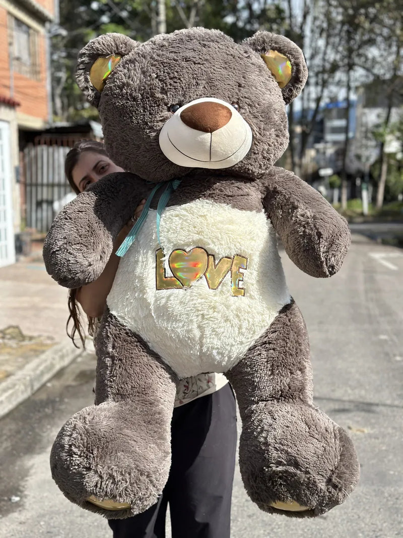 Oso De Peluche Gigante Metro Y Medio 1,55 + Moño + 3 Globos Gris Oscuro