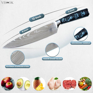 Cuchillo Chef Profesional Con Patron De Damasco Yehok Cocina Negro