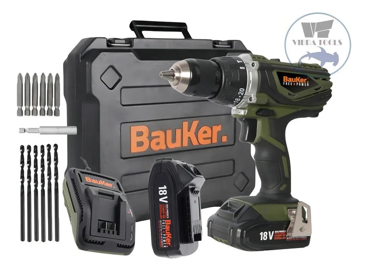 Taladro percutor atornillador inalámbrico de 13mm Bauker CD180JN-2P 18V + accesorios