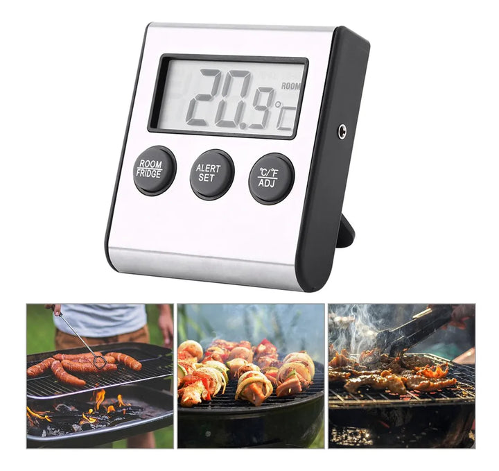 Termómetro Digital Horno Cocina Bbq Sonda Acero Iman Base Plateado