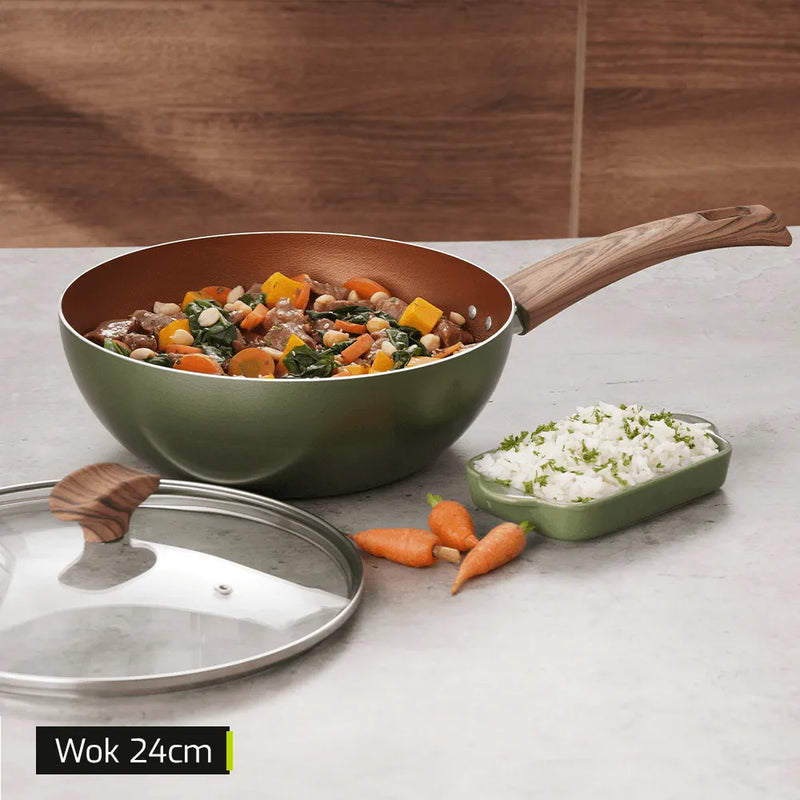 Wok Cuarzo + Tapa De Vidrio Wok Cuarzo+tv 24cm Color Verde cuarzo