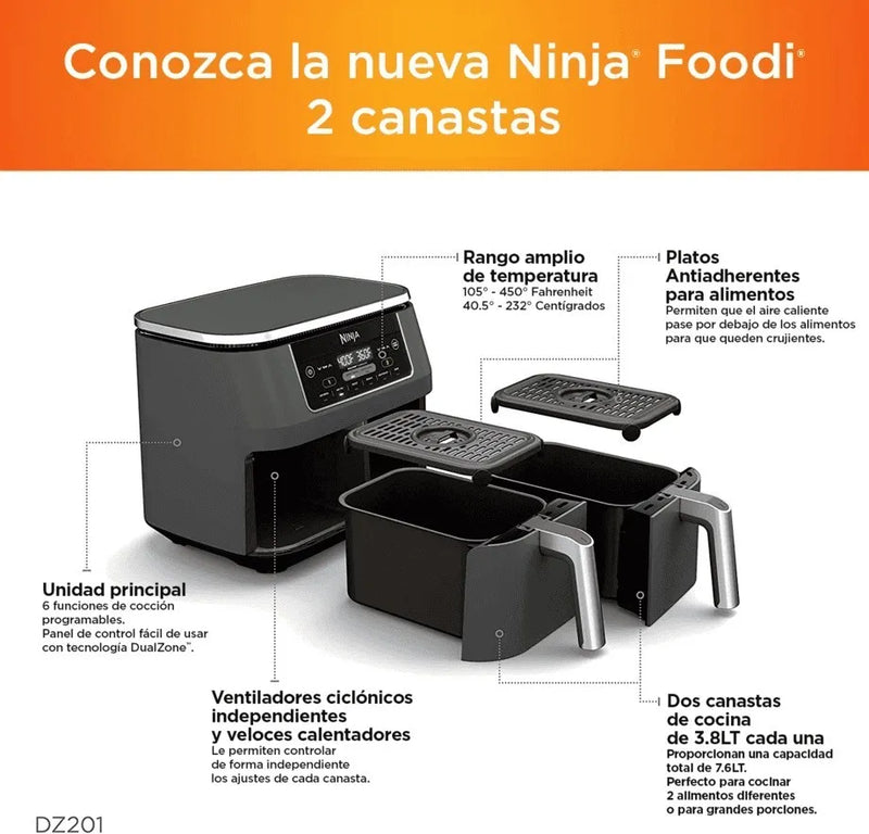 Airfryer Freidora De Aire Ninja 7.6 Litros 2 Canastas Nueva Gris