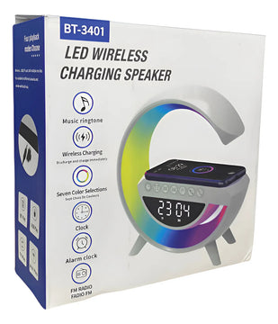 Parlante Lámpara G Cargador Inalámbrico Reloj Bluetooth Blanco