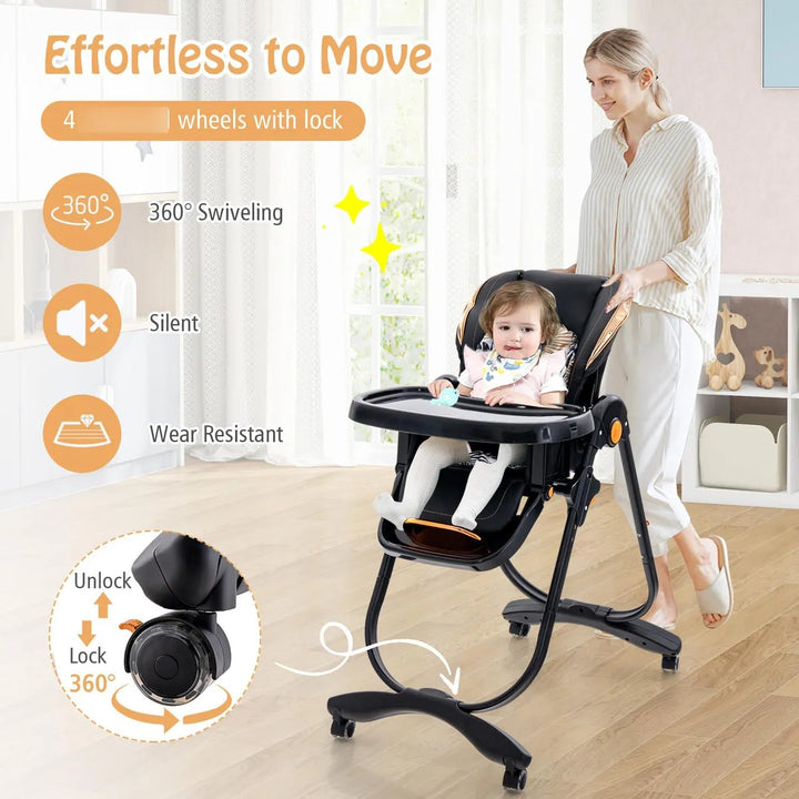 Silla Alta Plegable Ajustable Con Ruedas Para Bebés Negro