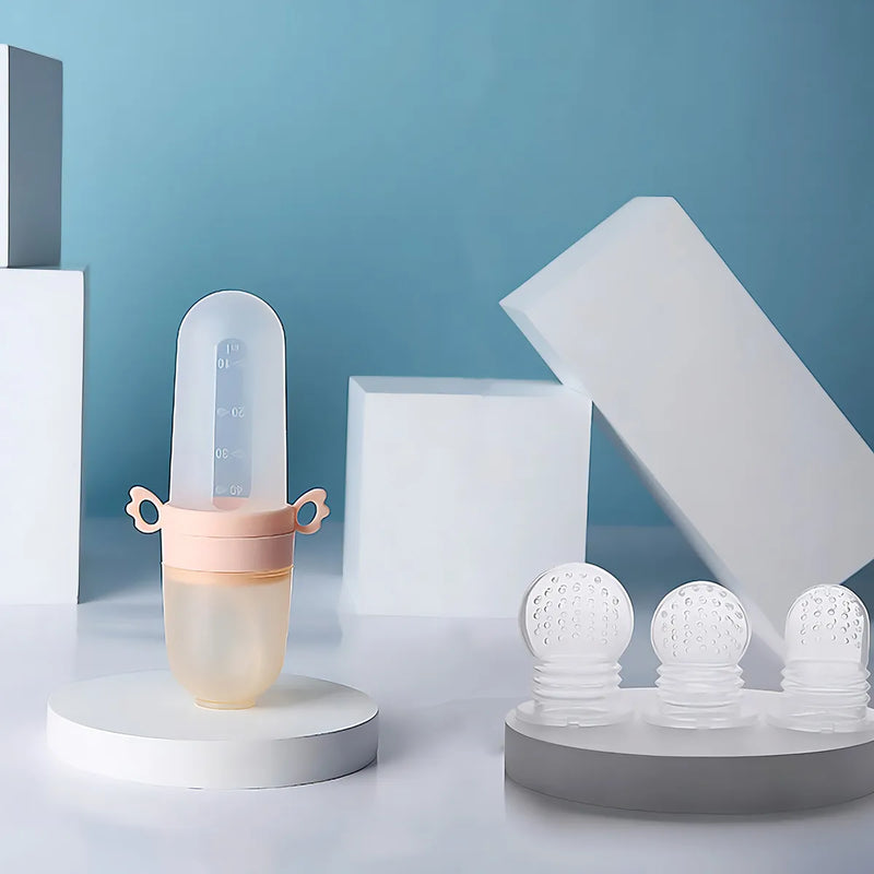 Biberón Tetero Dispensador Alimentos Bebés 40 Ml Uso Rosado Chupo 3 Tamaño Alimento + Cuchara Dispensar Ayuda Habilidades Control Sin Bpa Libre Bps Sin Ftalatos Silicona Grado Alimenticio Versátil