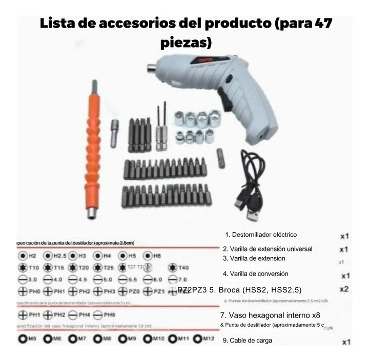 Destornillador Inalámbrico Eléctrico Recargable 47 Piezas - Gris