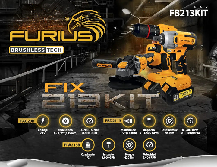 Taladro Furius Fbd2113 + Pulidora Fag20b + Llave De Impacto Naranja