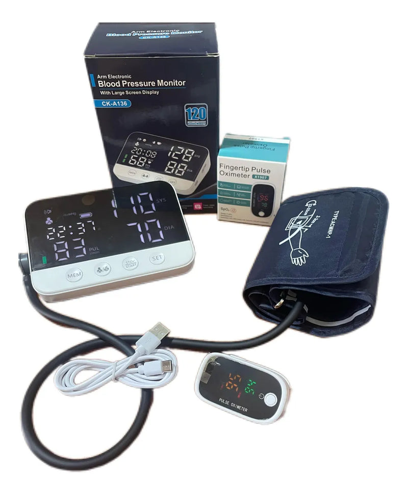 Kit De Salud Tensiómetro Recargable+termómetro+oximetro Blanco Con Negro