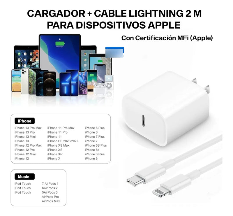 Cargador Certificado Para Iphone 2 Metros Carga Rapida 20 W Blanco