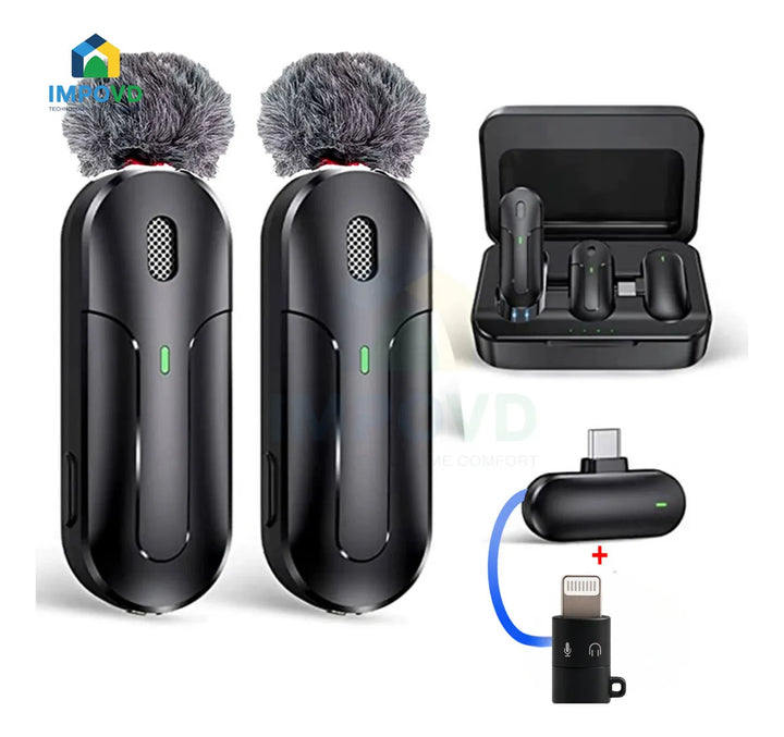 Micrófono Inalambrico Solapa Color Negro Conexión USB tipo C Portátil Iphone Android Compatible Apple Filtro Antipop Condensador Estuche Carga 3 en 1 Combo Duo