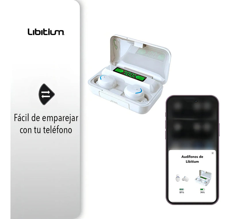 Audífonos Inalámbricos Bluetooth Libitium AUDI-B Color Blanco/Azul con Estuche de Carga